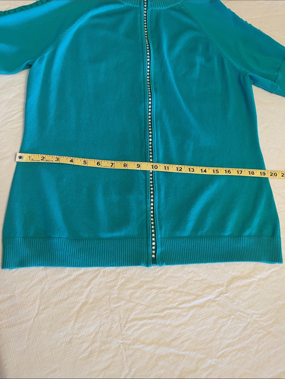 Belldini Teal Rhinestone Zip-Front Short Sleeve Sweater Size XL - Picture 12 of 16